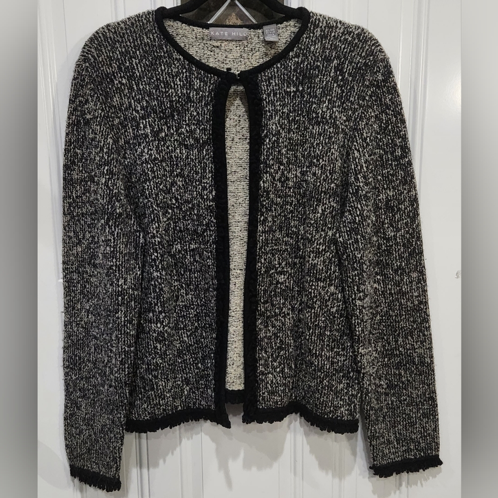 Kate Hill black white clasp wool blend cardigan sweater women's size XL